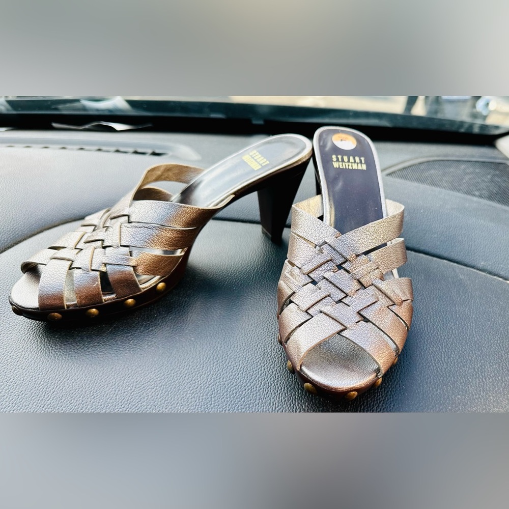 Stuart Weitzman dark Goldish Slip On Weave Heels.